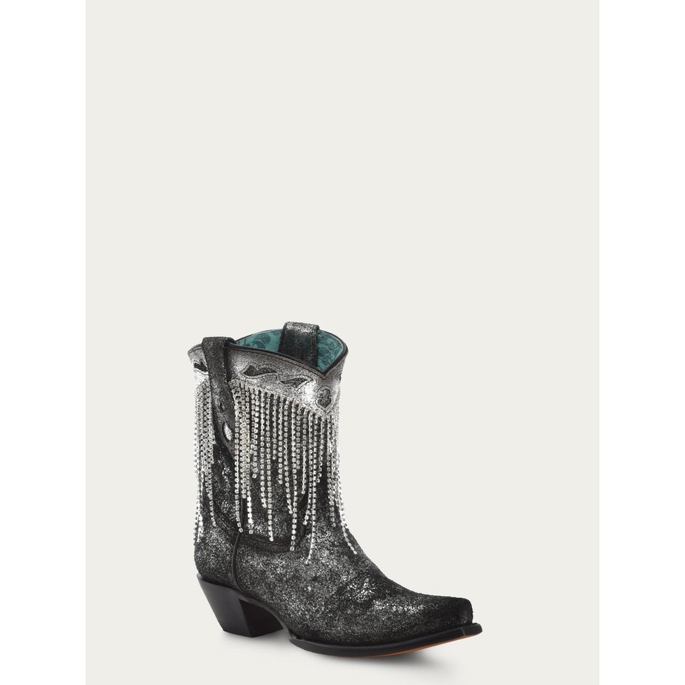 Corral Z5252 Crystal Fringe Black Silver Glitter Snip Toe Western Ankle Boot 6.5